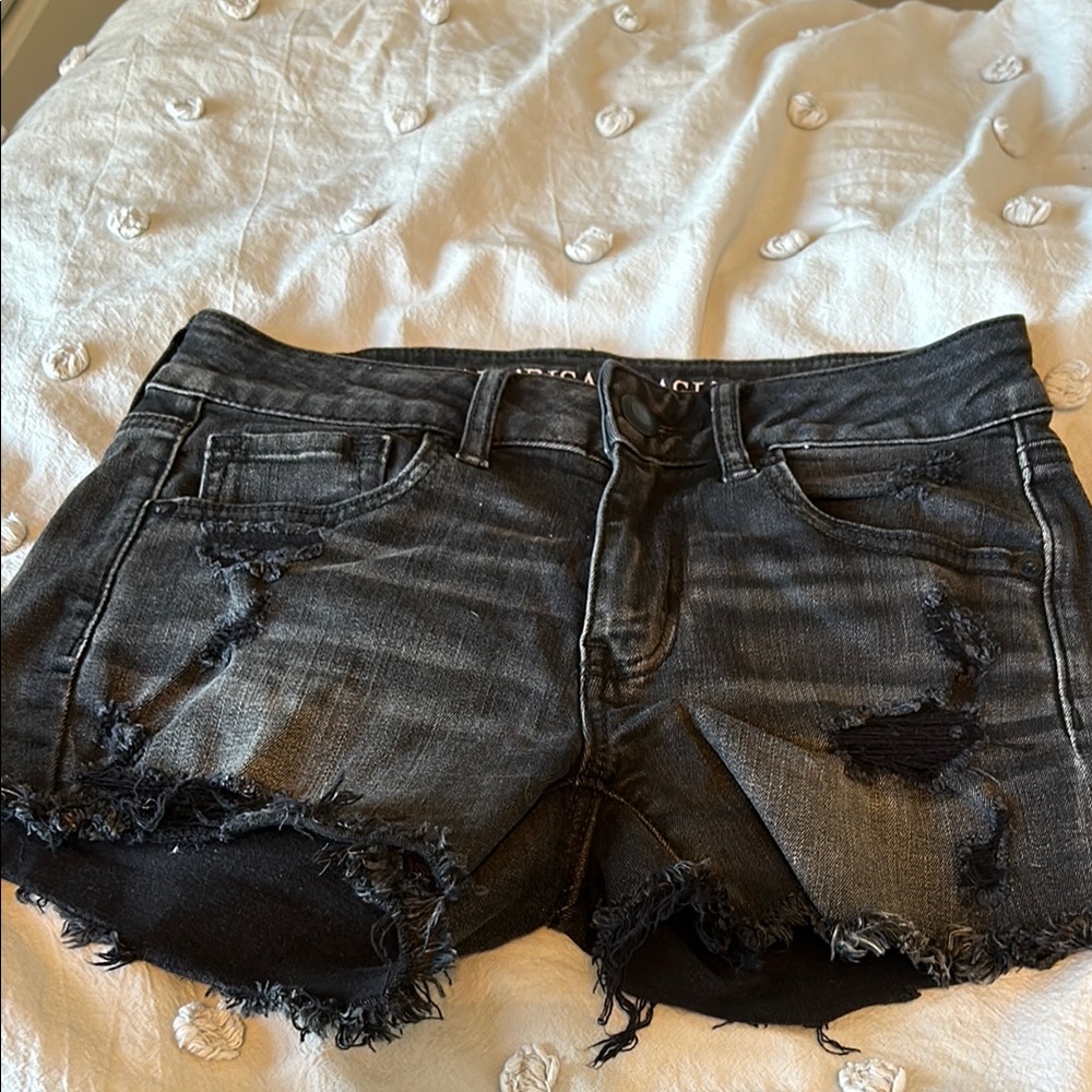 Distressed Black Denim Shorts